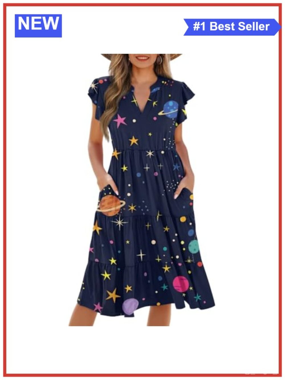 Women's Summer Ruffle Sleeve V Neck Flowy Beach Sundress with Pockets